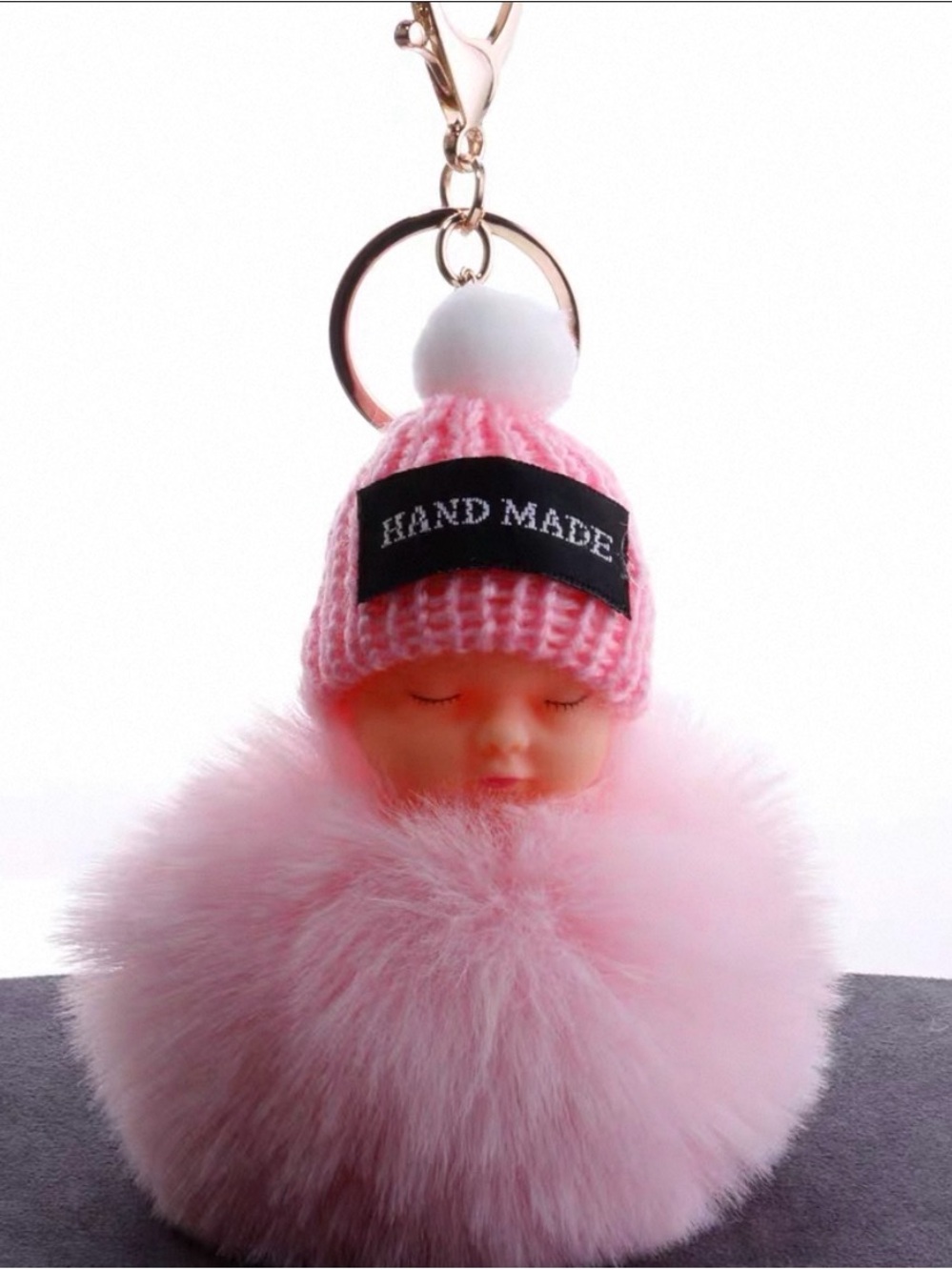 Cute Sleeping Baby Doll Light Pink Pom Pom Keychain Bag Charm.